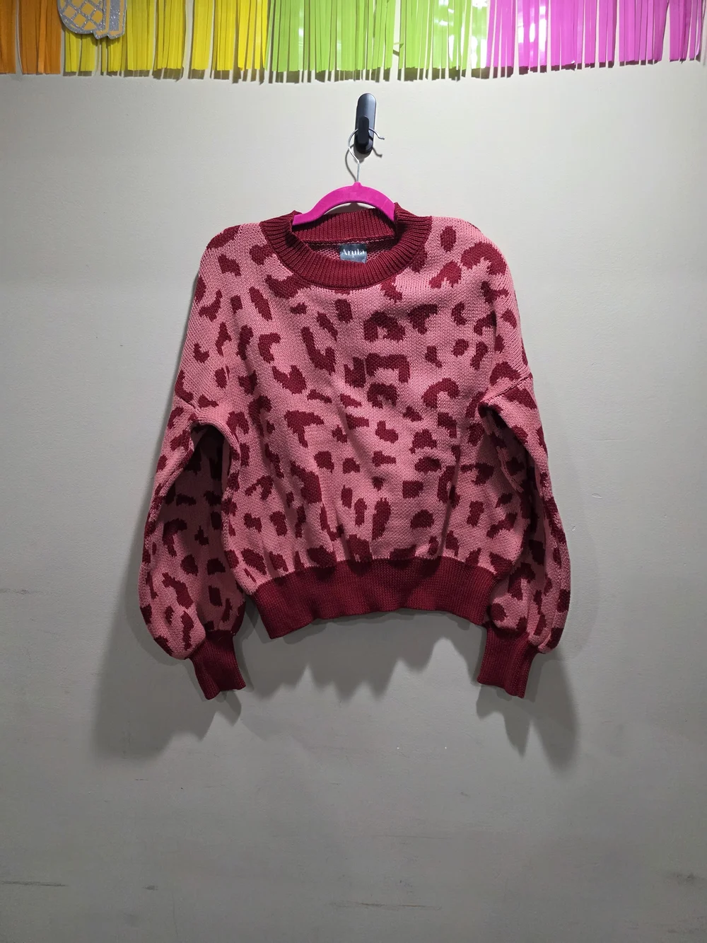 ARULA Light Red and Red Leopard-Print Crewneck Sweater